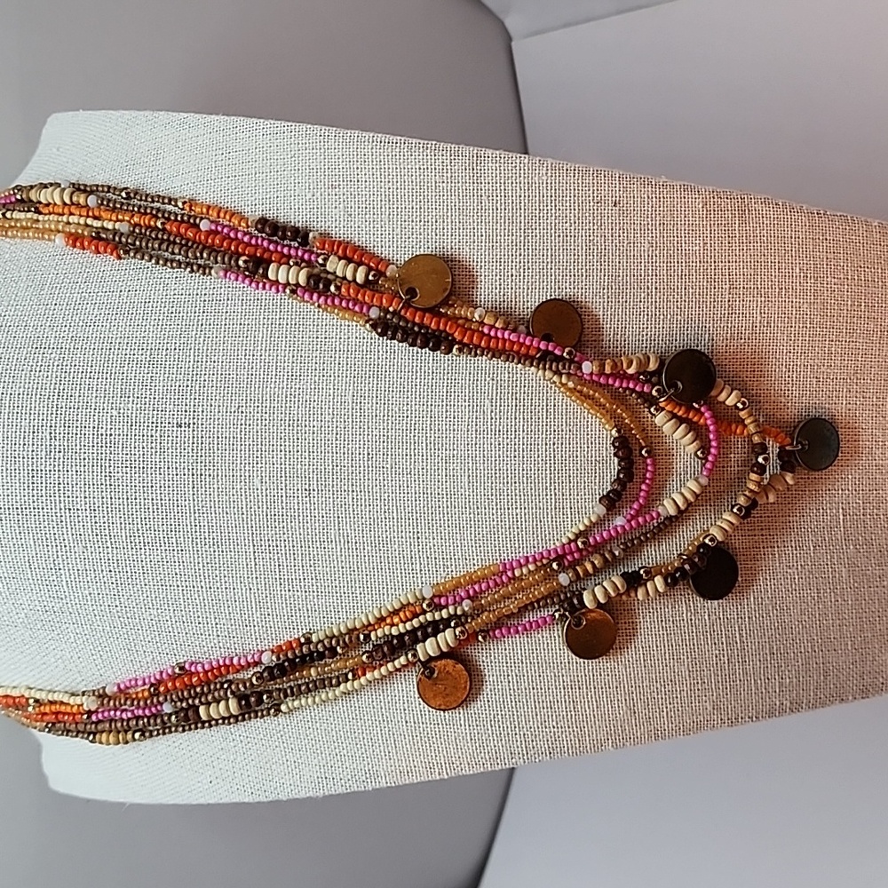 Chico's Multi Strand Necklace Disc Glass Wood Bead